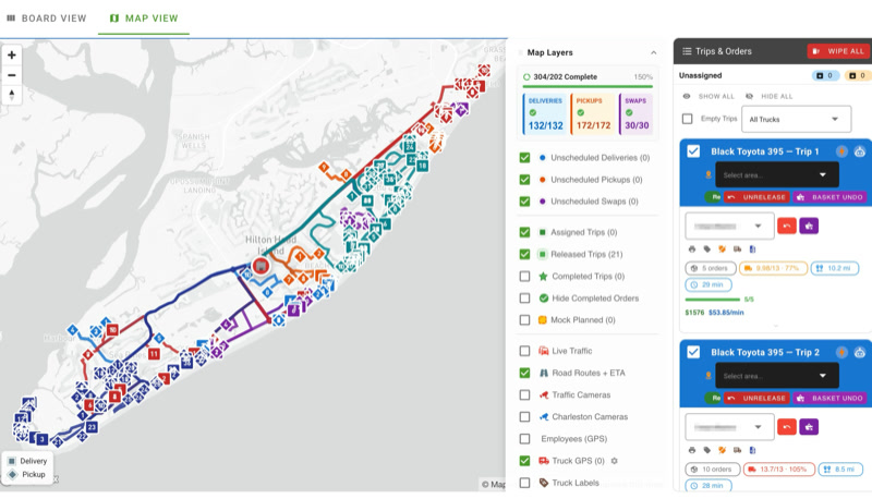 The Bodhisys map view on a peak Saturday: delivery, pickup and swap stops with every route drawn across Hilton Head Island, and the trips panel beside it